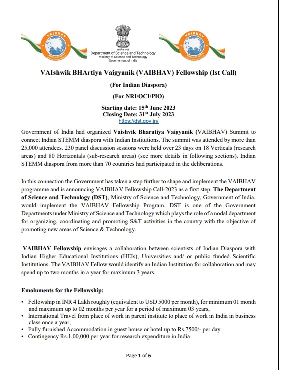 📢 <a href="/IndiaDST/">DSTIndia</a> invites #Proposals for 1st call under VAIshwik BHArtiya Vaigyanik (#VAIBHAV) #Fellowship from #scientists of Indian #Diaspora.

Last date: 31st July 2023

<a href="/DrJitendraSingh/">Dr Jitendra Singh</a> <a href="/srivaric/">chandra Srivari</a> <a href="/PrinSciAdvGoI/">Principal Scientific Adviser, Govt. of India</a> <a href="/skvdst/">Sanjeev Varshney</a> 
Details ▶️dst.gov.in/callforproposa…
