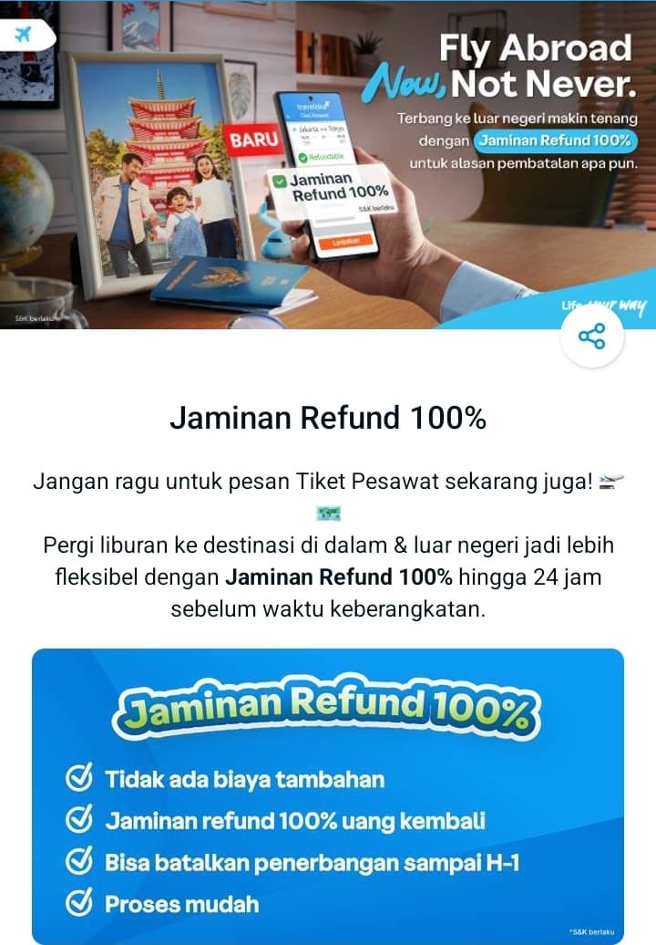 Buat yg rencana mau pergi liburan ga perlu khawatir kalau misalkan mau Refund tiket pesawat di Traveloka bisa banget, siapa tau batal karna tiba-tiba ada acara adat  di tanggal yg sama.
#HolidayNowNotNever