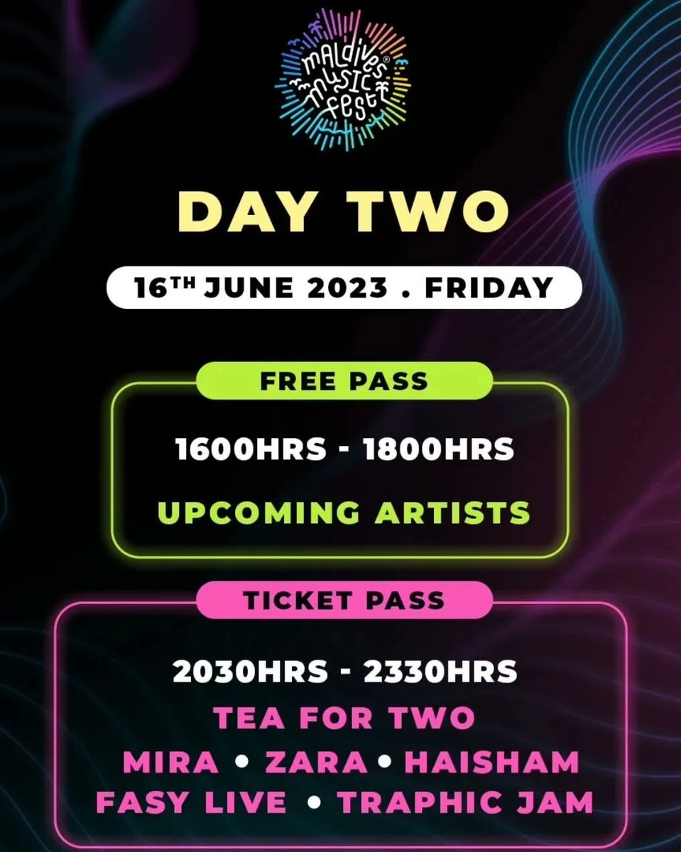 Maldives Music Fest 1600hrs – 1800hrs: Open for all visitors Backstage area @Olympus 15th & 16th June 2023 2030hrs – 2330hrs: Main Event for ticket holders @Olympus Theatre 15th & 16th June 2023 #maldivesmusicfest #musicfestmv #eventprogramme