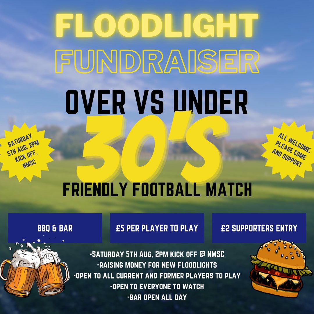 Additional date for your diaries coming up at NMSC 

We’re looking to replace our current broken floodlight heads &amp; are hosting an over 30 Vs under 30 match open to all former and current players, will be great to see some stags legends back at NMSC 

Info below ⬇️ 

#stags🟡🔵🦌