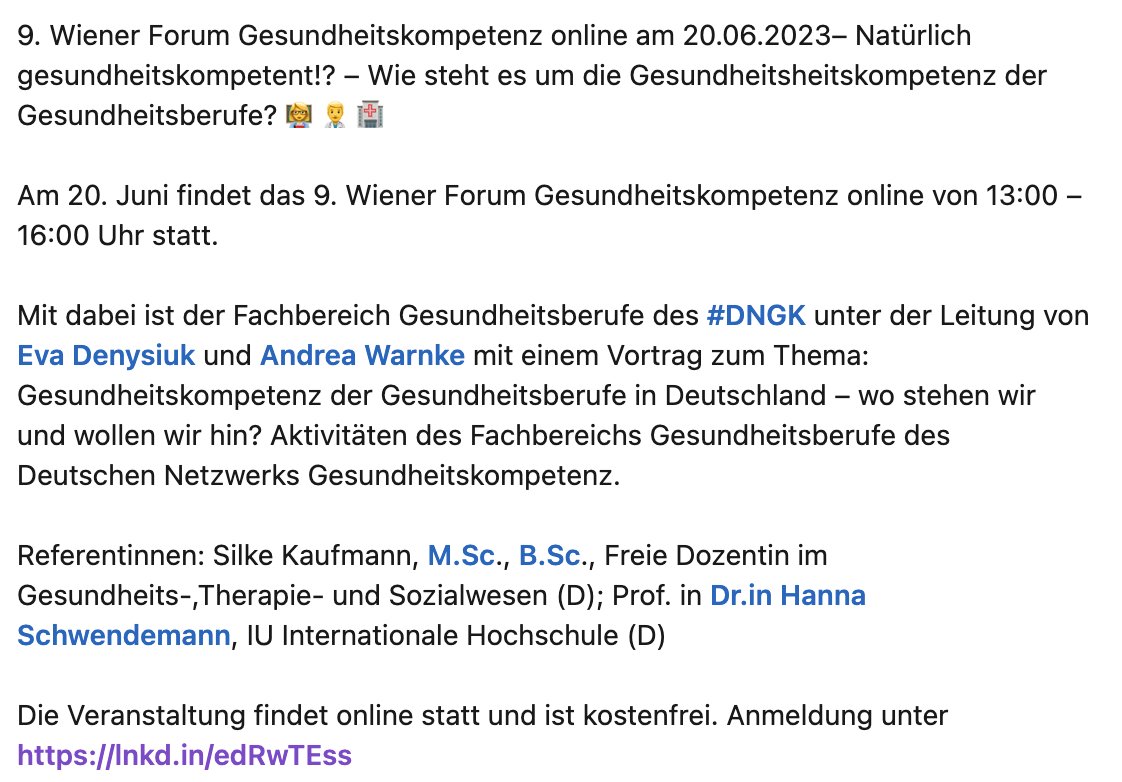 9. Wiener Forum Gesundheitskompetenz online am 20. Juni 2023. #Gesundheitskompetenz der #Gesundheitsberufe in Deutschland – wo stehen wir und wollen wir hin? Aktivitäten des Fachbereichs Gesundheitsberufe des Deutschen Netzwerks Gesundheitskompetenz. lnkd.in/edRwTEss