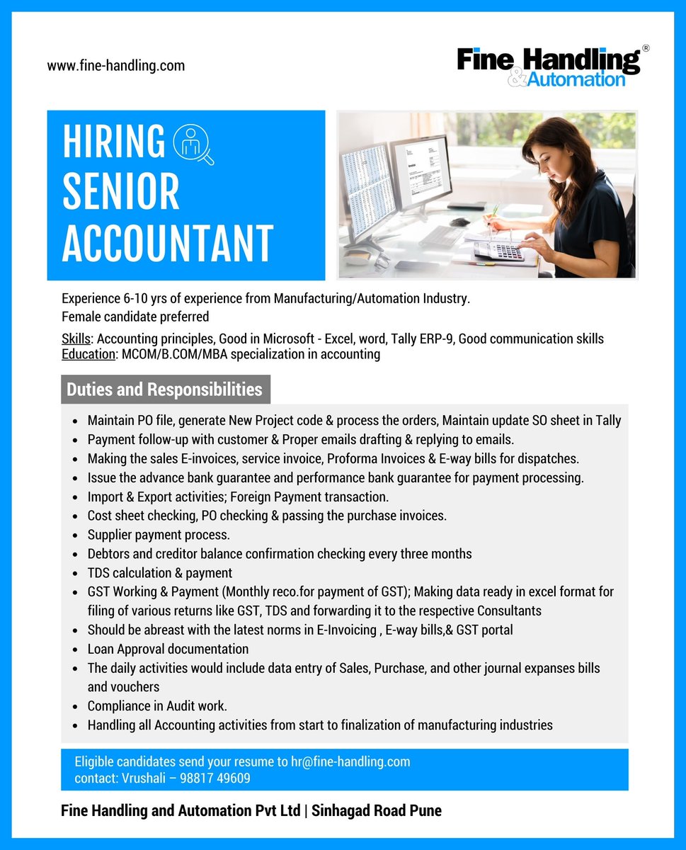 FineHandling's tweet image. We are hiring!
Sr Accountant for Fine Handling &amp;amp; Automation.
To schedule an interview send your resume to hr@fine-handling.com

#jobs #hiring #accounts #pune