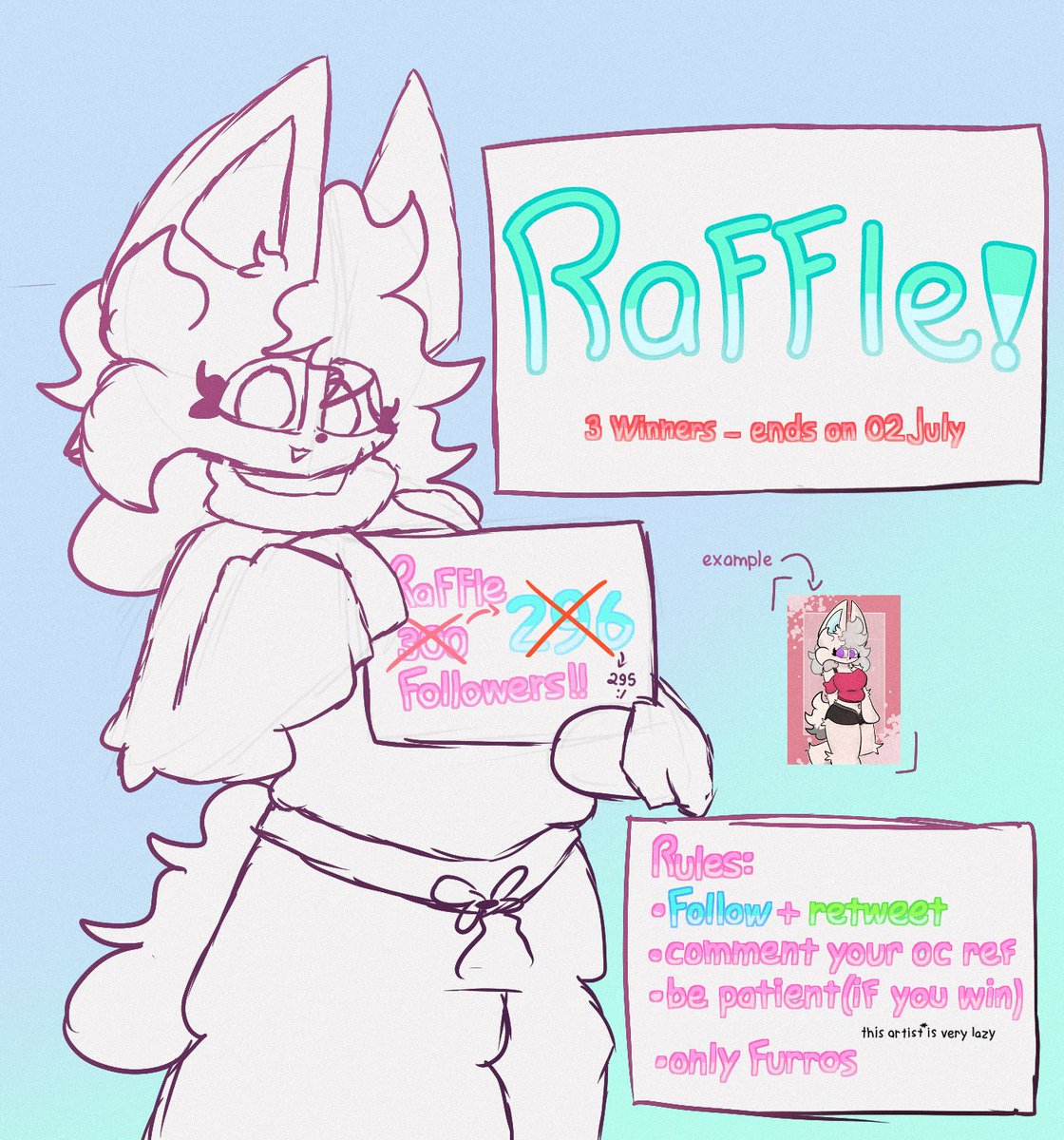 Laikayupi's tweet photo. well, after procrastination 
FINALLY RAFFLE!!

Rules:
-Follow-me
-Retweet this
-Comment Your OC Ref
-Only furry OCs

There will be 3 winners.
Chosen winners gets illustration by this lazy artist

and, Good Luck :3 https://t.co/oYibHHwW70