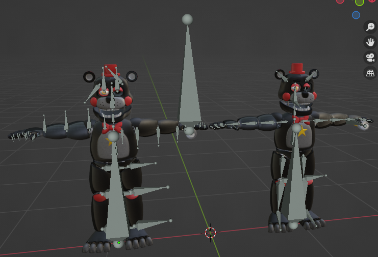 did a remesh and rerigging of the fnaf ar lefty model (mine is on the right)