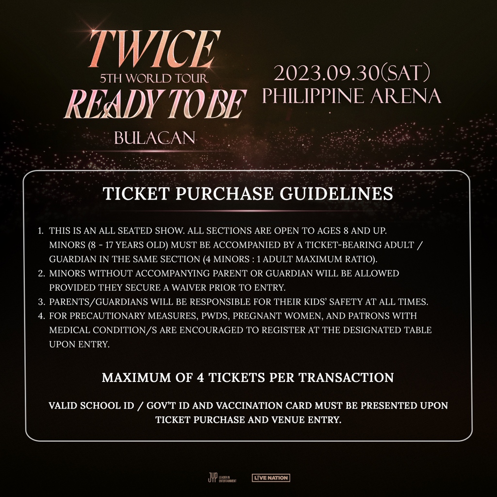 Get ready for an unforgettable experience - LNPH presale for TWICE 5TH WORLD TOUR 'READY TO BE' in Bulacan starts at 10AM TODAY! 

📆September 30
📍Philippine Arena

#TWICE #트와이스 #READYTOBE #TWICE_5TH_WORLD_TOUR #SMART #VIU #GRABPH #MCDONALDS