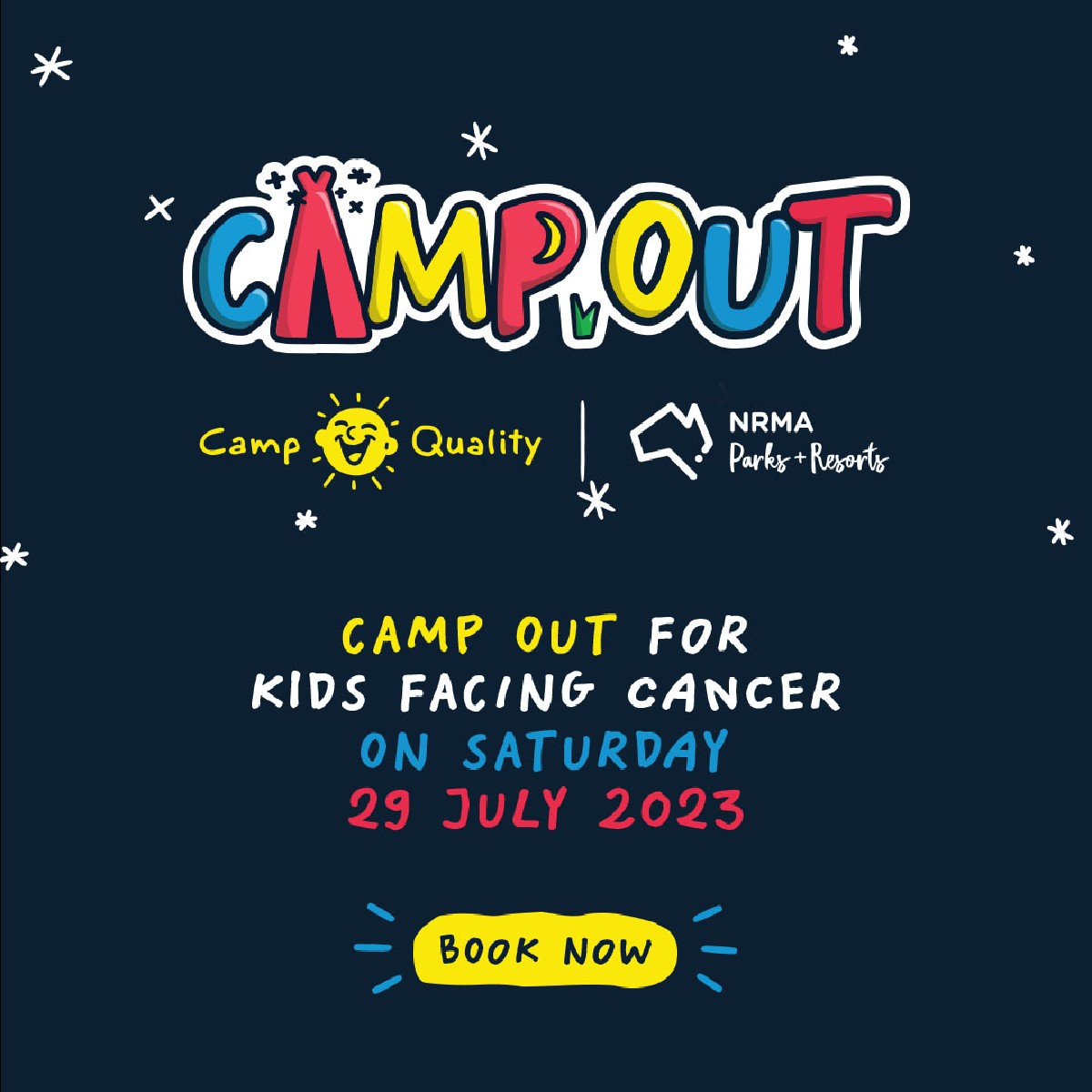 You're invited to Camp Out 2023 🏕 NRMA Parks and Resorts will be donating 50% of all site fees from stays on unpowered, powered and ensuite sites on Saturday 29 July to @Camp_Quality. Book and stay with for Camp Out 2023, by hitting the link in our bio 🔗