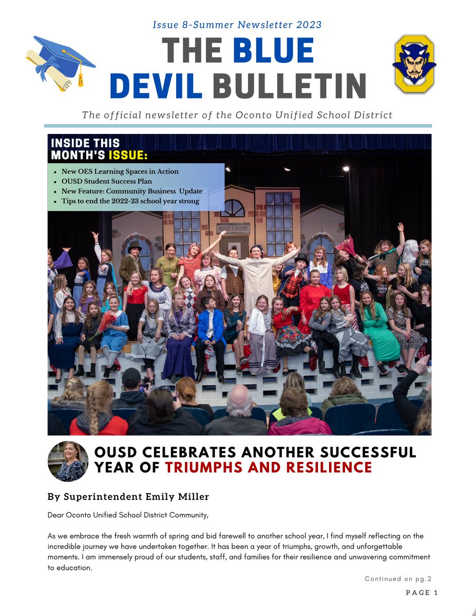 📰🎉 Exciting News! #GoOconto The Blue Devil Bulletin is Out! 🌟📚

We're thrilled to announce that the latest summer edition of our School District Quarterly Newsletter is hot off the press! 🎉📰
wi50000122.schoolwires.net/domain/103