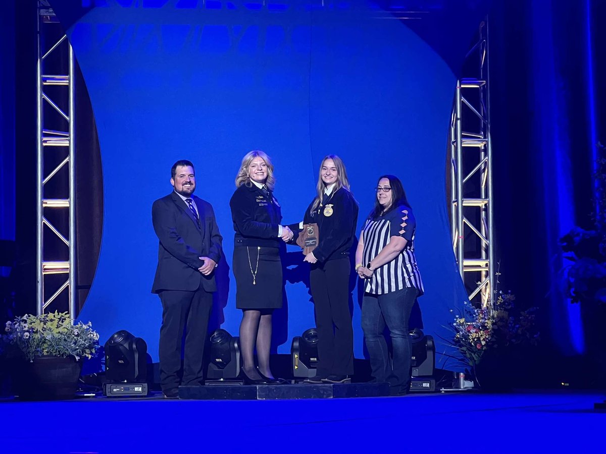 mtzffa's tweet photo. Today at State Convention, Kaitlyn was recognized as the winner in her SAE and went on stage. Then Nick and Kaitlyn, parents, and Mr Walker went to the state awards lunch. After lunch was State Degrees!  (Post those pics when we get them!) @MTZ_HSPrincipal @TRoundcount https://t.co/C8ll45AEKj