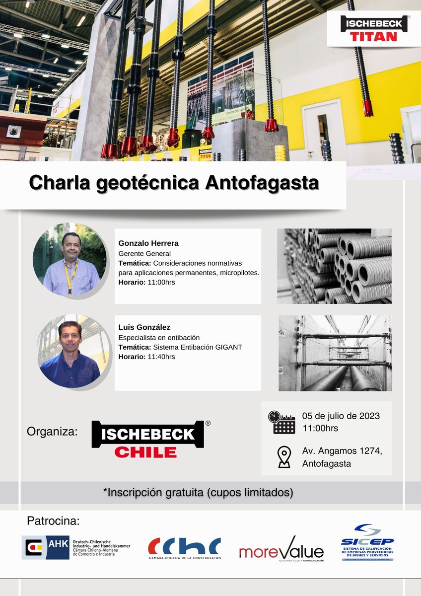 Somos patrocinadores de la Charla #Geotécnica Antofagasta, organizada por <a href="/IschebeckChile/">IschebeckChile</a> 👏
Si te interesa participar, puedes llenar el siguiente formulario: docs.google.com/forms/d/e/1FAI…
Para más información contactar a  Constanza: c.lagos@ischebeckchile.com 
Les esperamos!