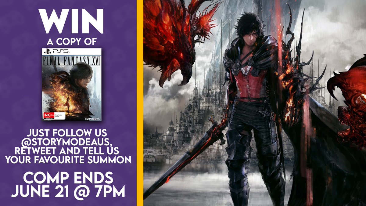 StoryModeAUS's tweet photo. #FinalFantasy fans, did the #FinalFantasyXVI demo leave you begging for more? Well, good news, we are giving away a copy for #PS5!

All you need to do is follow us @storymodeaus, #retweet this tweet and tell us who your favourite summon is! Draw closes at 7pm June 21. Aus Only https://t.co/1tYZD83a1G