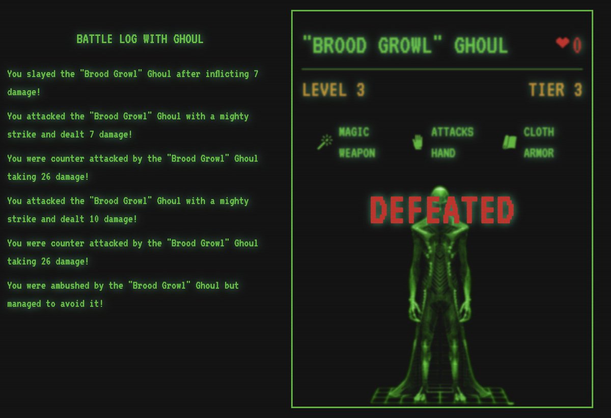 BrianMStegner's tweet photo. My adventurer just slew a level 3 "Brood Growl" Ghoul (Tier 3) on #LootSurvivor.

BookWorm is currently 355th place on the leaderboard.

Enter here and try to survive: https://t.co/TkXIixLGrD

@lootrealms #Starknet #Play2Die #LootSurvivor https://t.co/CuB4h9nMP3