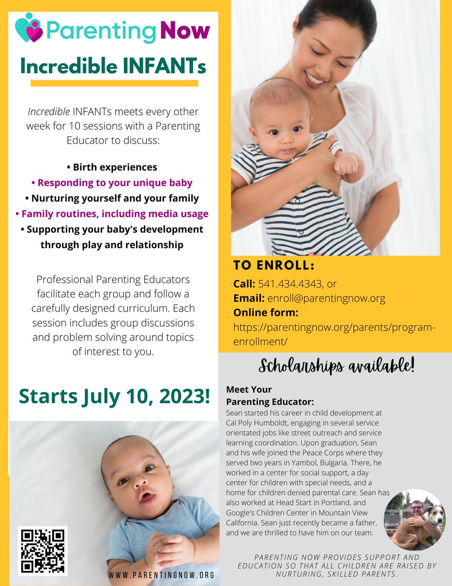 We have an Incredible INFANTs parenting group starting on July 10. Incredible INFANTS is designed for families with babies 1-4 months old. We hope you'll join us for community and connection!

Enroll here: parentingnow.org/parents/progra…
