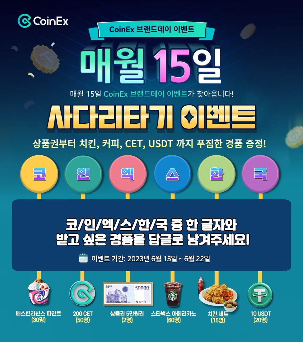 💝CoinEx 6월 브랜드데이 이벤트💝

사다리타기 게임으로 돌아온 CoinEx 6월 브랜드데이 이벤트!🥳

코/인/엑/스/한/국 중 한 글자와 받고 싶은 경품을 댓글로 남겨주세요!
어떤 글자에 무슨 경품이 기다리고 있을까요?👀

🎁경품:
상품권 5만원 (2명)
치킨 세트(15명)
10 USDT (20명)
200 CET (50명)