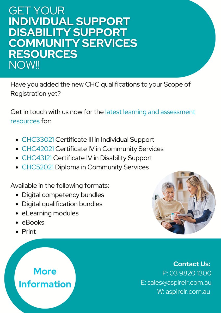 AspireLR's tweet image. Have you added the new CHC quals to your scope? With 6 months remaining of the transition period, now is the time to get the ball rolling.
For more info on our resources  lnkd.in/gY5H8Cks
Request a sample samples@aspirelr.com.au
#AspireLR #CHC #CommServices #Disability