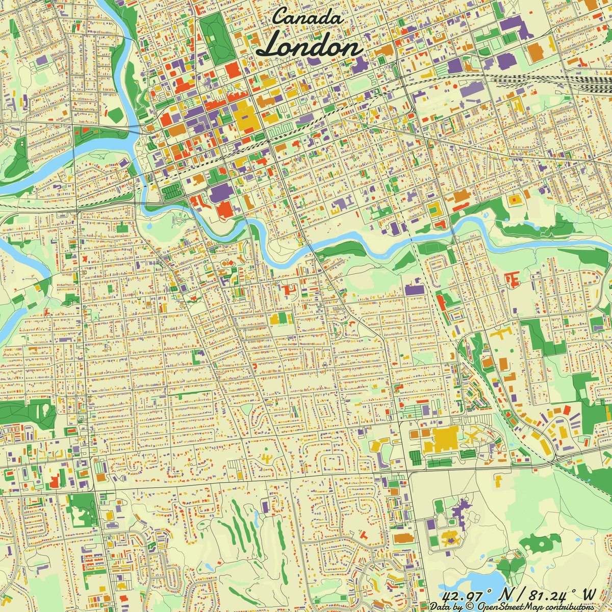 Image of London, Canada created in #rstats using data from #OpenStreetMap.