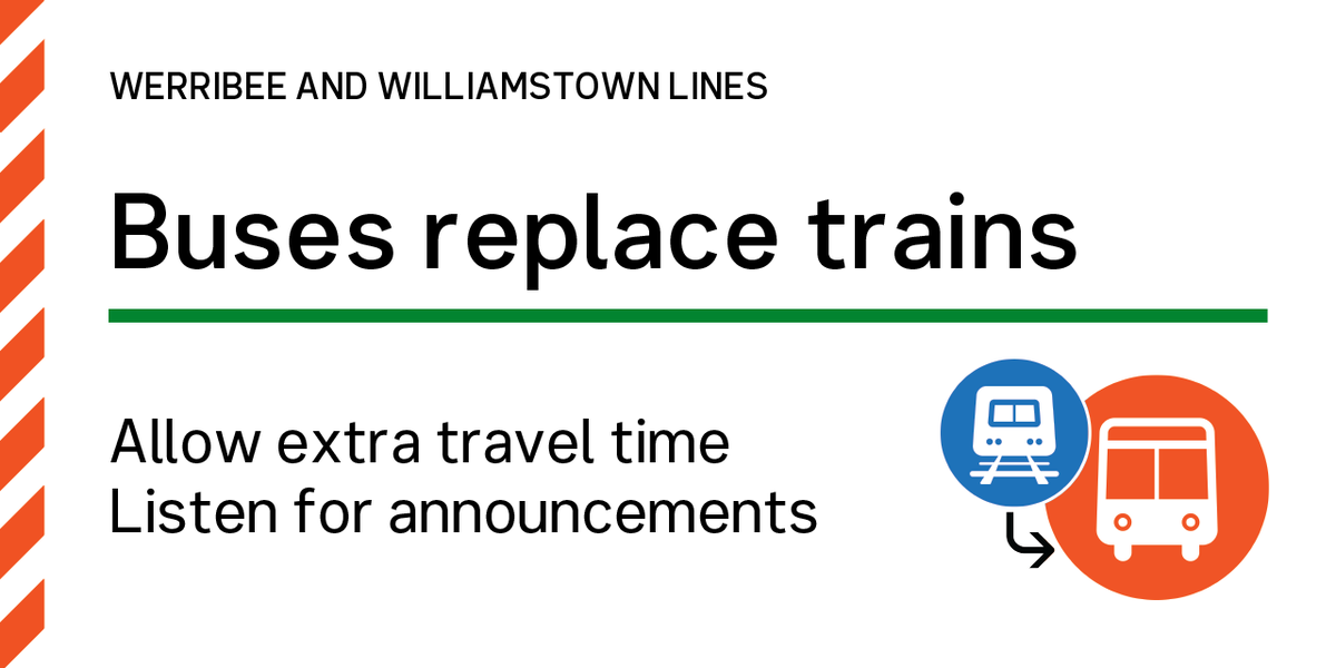metrotrains's tweet photo. ⛔Werribee/Williamstown lines: Buses replace trains between Newport and Footscray due to a police request at Southern Cross.

-Outbound passengers to board a Sunbury bound service and change at Footscray for a replacement bus service. https://t.co/JxbzlxsBYn