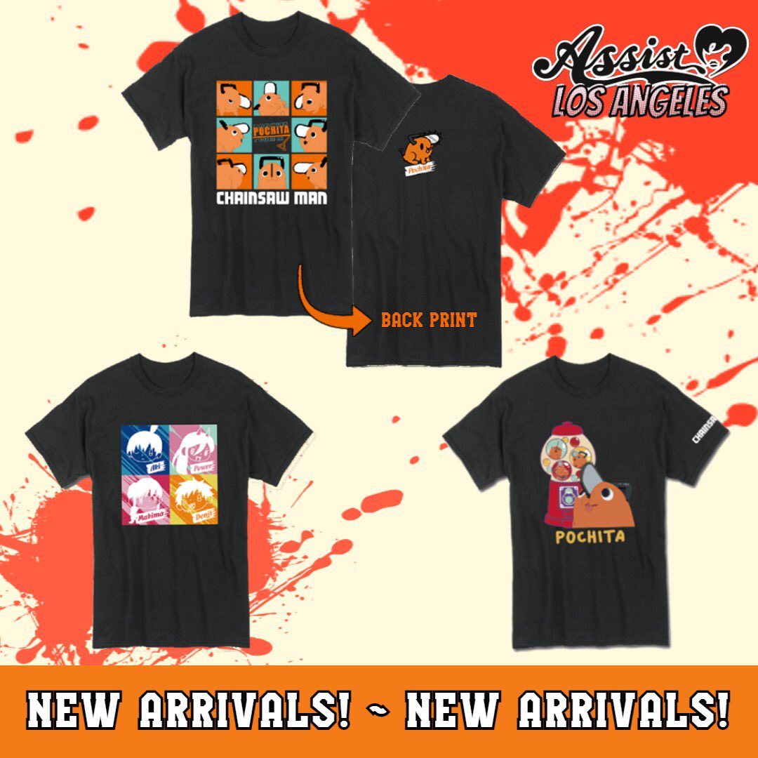 AssistWig's tweet photo. New Chainsaw Man shirts have just arrived at Assist LA!

We got a couple shirts featuring our adorable and precious 🧡Pochita 🧡and one with our group of public safety devil hunters! 

Grab one in store 🏬 while you can! https://t.co/4tKi0zqrgc