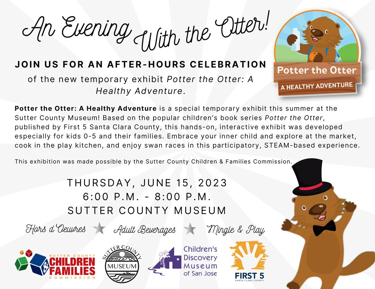 🦦Un evento GRATUITO para padres con niños de 0 a 5 años: celebra una exhibición especial en el Museo del Condado de Sutter. "An Evening with the Otter" es mañana, 15 de junio, de 6 a 8 pm. eventbrite.com/e/una-noche-co…