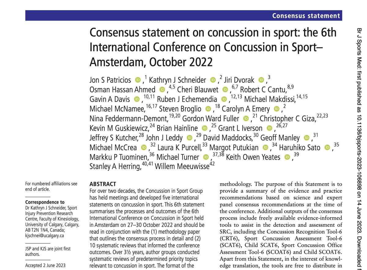 🧠 The NEW Consensus statement on concussion in sport: the 6th International Conference on #Concussion in Sport from the Amsterdam, October 2022 interdisciplinary meeting is OFFICIALLY out via @BJSM_BMJ 📄 🧵 Here are the key takeaways summarized by the article: #FOAMed