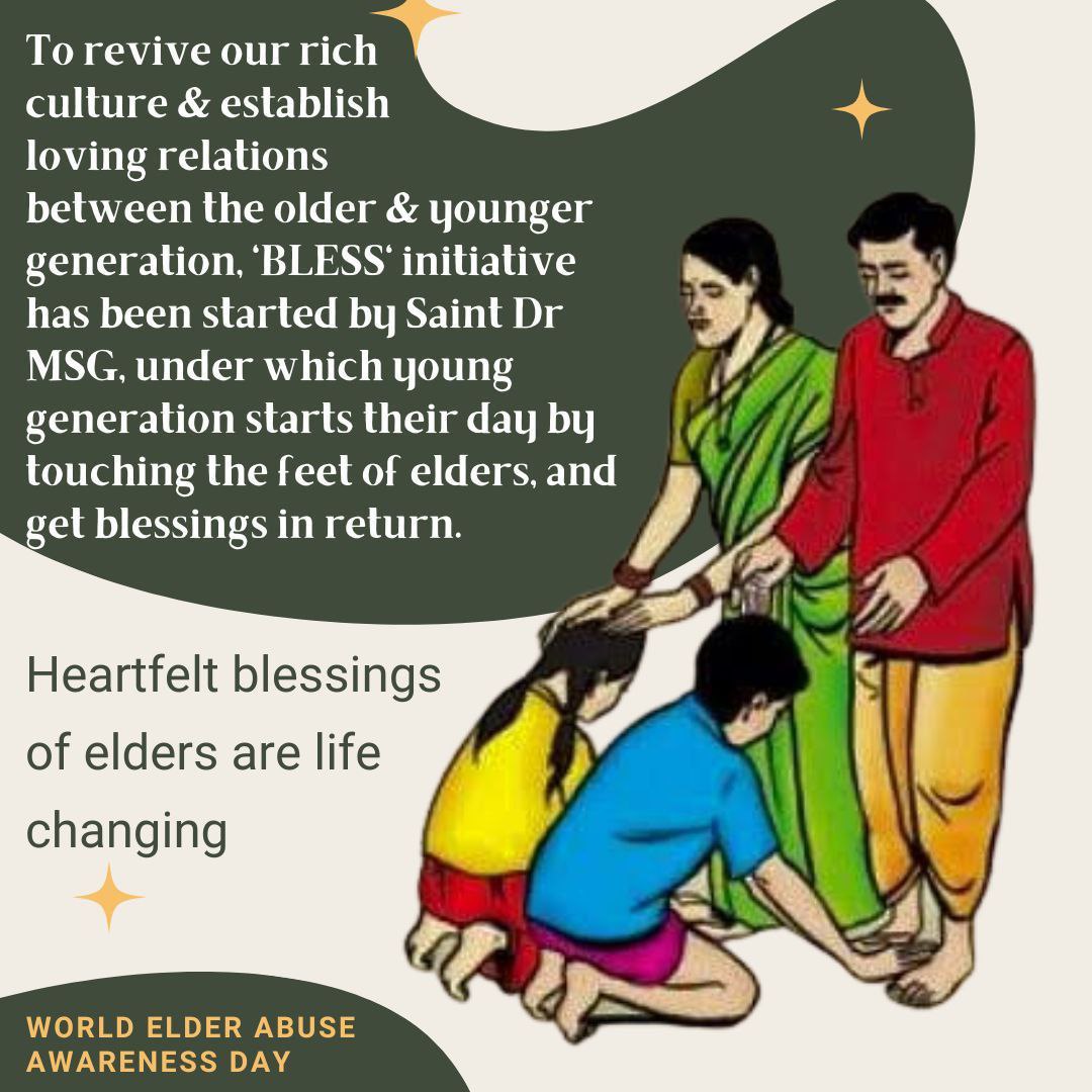 To Save Our Indian Culture, Saint Gurmeet Ram Rahim Ji has started 'BLESS' initiative under which They Inspired millions to touch feet of Elders In Early Morning. And Millions are Doing the Same. On #WorldElderAbuseAwarenessDay let's take a pledge all of us to follow the same.