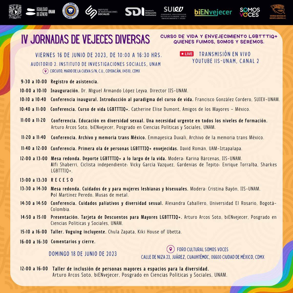 SomosVocesMX's tweet photo. #SomosVoces y el @IISUNAM te invitan a las IV Jornadas de Vejeces Diversas: Curso de vida y envejecimiento #LGBTIQ. Programa completo y registro en: https://t.co/0p4wjqMe1S
El domingo 18 de junio a las 12:00 @soyarturoarcos2 impartirá un taller de inclusión en #SomosVoces. 🌈🧓👵 https://t.co/PyMZZcuX3o