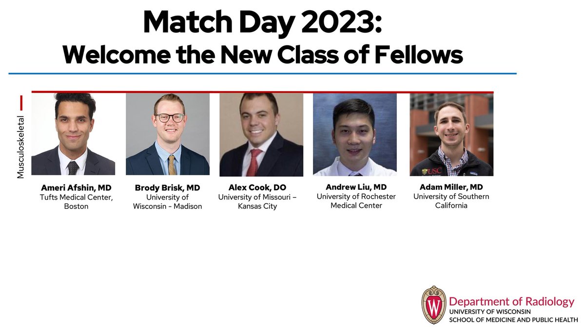 UW MSK Imaging & Intervention (@uw_mskrad) on Twitter photo We're so excited to welcome our next class of MSK Imaging & Intervention fellows for 2023-2024❗❕❗
↪️--Enjoy your last year of residency and post-boards vacation, we can't wait to meet everyone in person soon--↩️
Hope everyone had an excellent Match Day!!! 🥳
<a href="/UWiscRadiology/">UW Radiology</a> We're so excited to welcome our next class of MSK Imaging & Intervention fellows for 2023-2024❗❕❗
↪️--Enjoy your last year of residency and post-boards vacation, we can't wait to meet everyone in person soon--↩️
Hope everyone had an excellent Match Day!!! 🥳
<a href="/UWiscRadiology/">UW Radiology</a>
