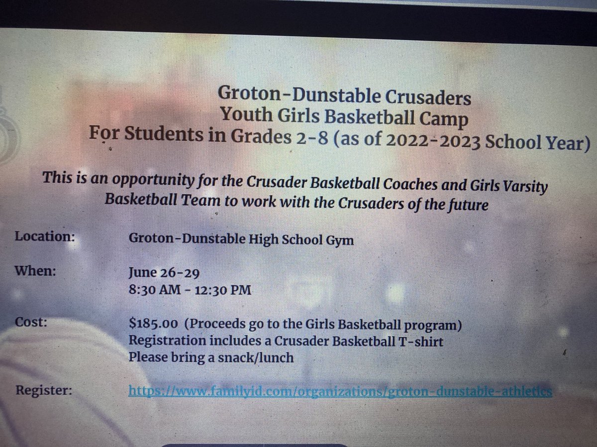 Crusader Camp starts in less than 2 weeks! Please sign up now! ⁦<a href="/GDCrusaders/">Athletics</a>⁩ ⁦<a href="/GDBoosters/">GD Athletic Boosters</a>⁩ ⁦<a href="/floroPHYSED/">Kristen Kinneen Wiercinski</a>⁩ ⁦<a href="/gdbasketball/">GDYBL</a>⁩