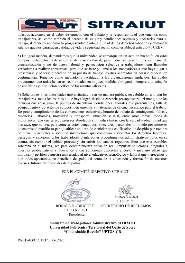 RonaldRod78's tweet photo. Denuncia. Comunicado SITRAIUT sobre los inicio de calificaciones de despido y faltas a los trabajadores de la universidad UPTOS-CR 
@MinTrabajoVE
@OITAndina 
@OITAmericas
@OITconosur 
@OITnoticias 
@ONU_derechos
@ANSUVE
@aspudo
@WalterDossier
@AsambleaCNCTL 
@disidente46
@CONTUA https://t.co/7ykx3grBaY