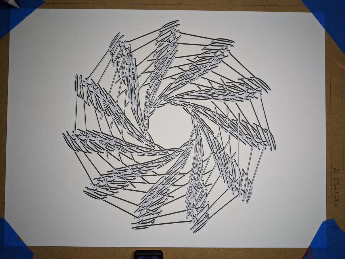 #PlotParty Day3: Symmetry!

I updated a year old design with my new parameter gui! Much better

#generative #generativeart #generativedesign #genartclub #p5js #creativecoding #codeart #mnartist #MPLSArt #minneapolismn #plotterart #axidraw #plottertwitter #penplotter