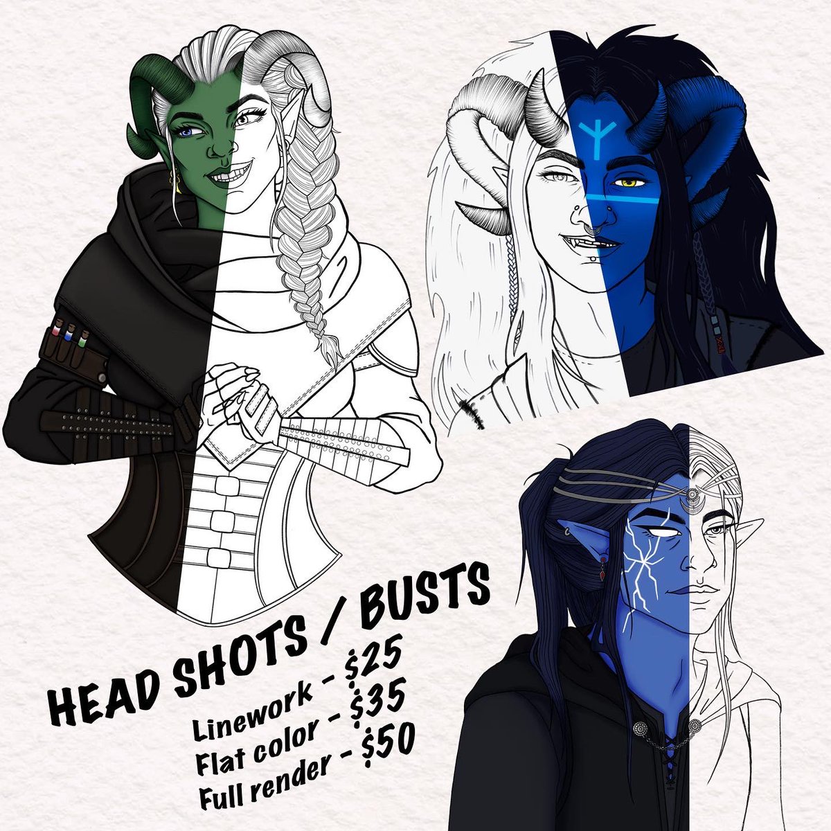 littlebonesart's tweet photo. Hello #ttrpgcommunity
 ✨MY COMMISSIONS ARE OPEN!✨

I’m Bones, queer artist and character designer! 
Let me help bring your characters to life!
Message me here or on Instagram for any questions! 💖
#ttrpgfamily #dungeonsanddragons #DnD #DnDcharacter #dndart #artist #art https://t.co/YfiethHT86