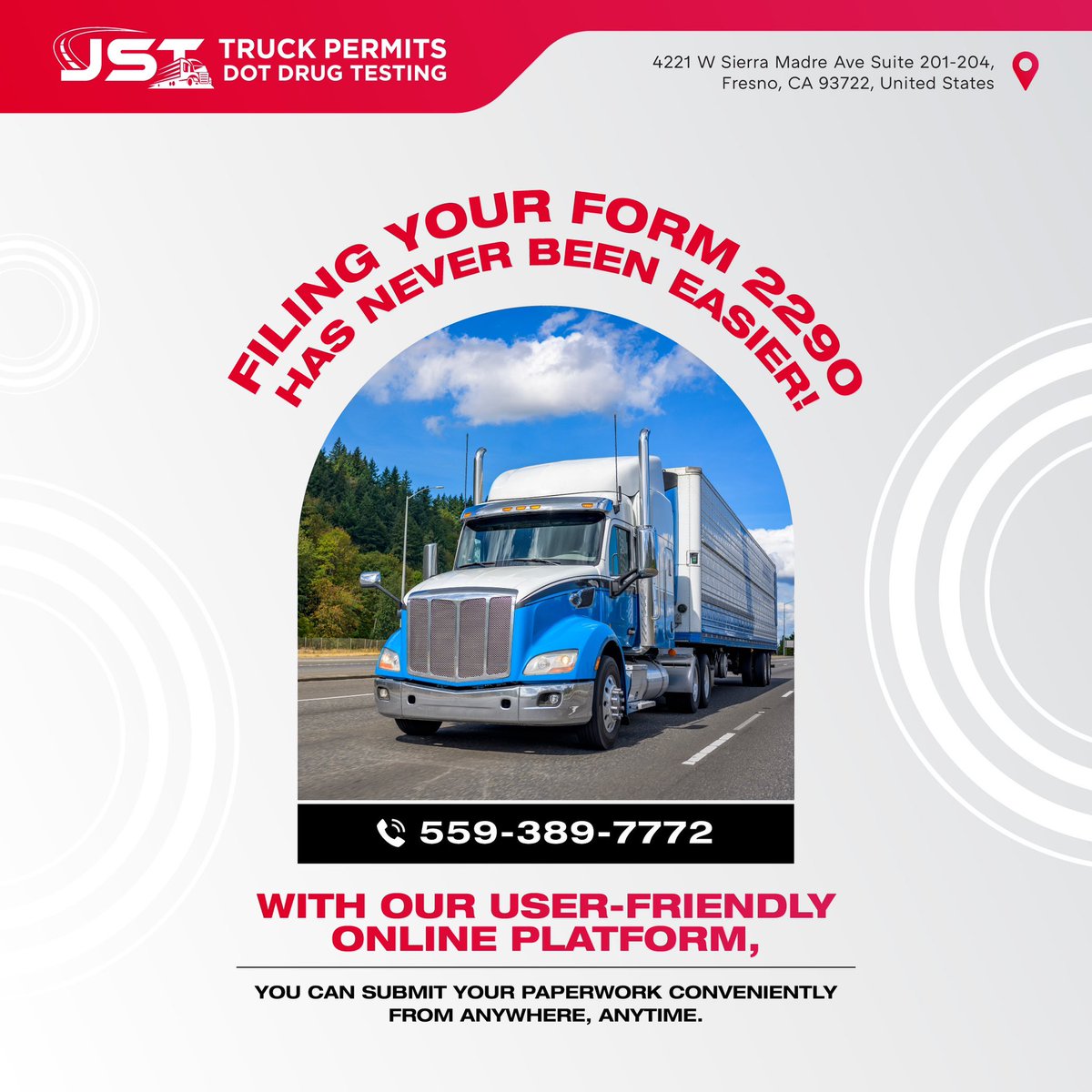 Filing your Form 2290 has never been easier! With our user-friendly online platform, you can submit your paperwork conveniently from anywhere, anytime. 🌐💻 Say goodbye to long queues and hello to efficient filing with JST Truck Permit! 🚚
Call 559-389-7772
#TruckLife  #TruckLove