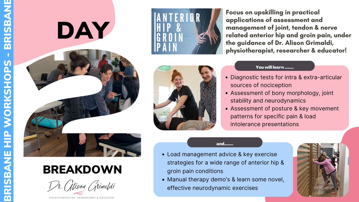 alisongrimaldi's tweet photo. 📢 Day 2 of my upcoming Brisbane workshop! Get ready to upskill in assessment & management of #FAIS #acetabulardysplasia #hipinstability #labraltears #hipOA #iliopsoasrelatedpain #groinpain & #neuralgia Supercharge your knowledge, skills & outcomes. 🏋️♀️💪
https://t.co/FEWKj511uJ https://t.co/Ou1Ff43mkb