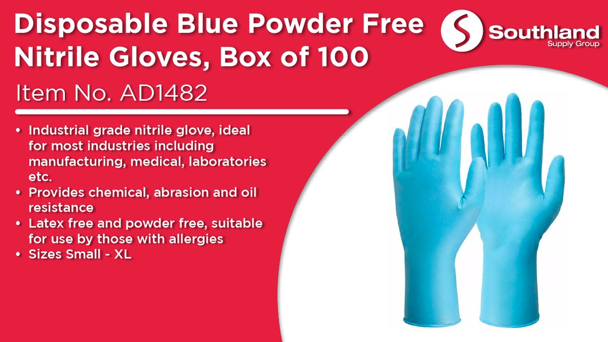 Keeping your hands protected and sanitary has never been easier! Check out our disposable blue powder free nitrile gloves for an easy, hygienic solution 💙 👉southland.com.au/disposable-blu…

#southland #southlandsupplygroup #handprotection #safetygloves #NitrileGloves #DisposableGloves