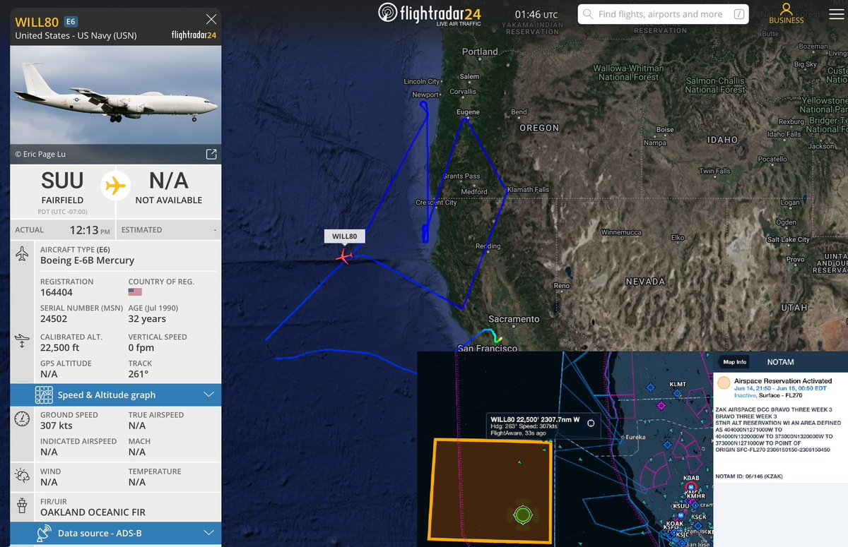 thenewarea51's tweet image. WILL80 (E-6B TACAMO) heading into the BRAVO THREE WEEK ALT RES off the coast of San Francisco. 0146 Zulu