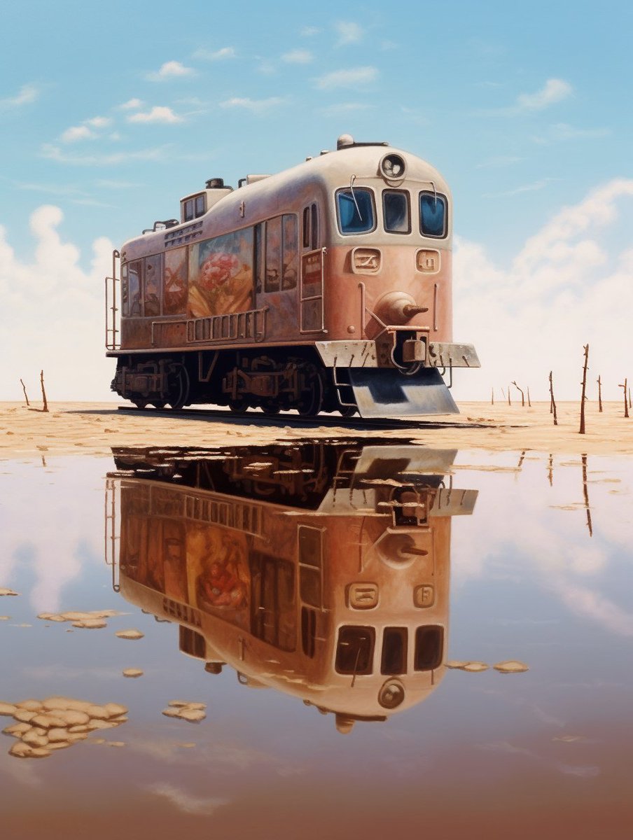 ShutterFAQ's tweet photo. On a train to nowhere, made with Midjourney.

#train
#trainspotter
#midjourney
#GraphicDesign 
#shutterfaq 
#desert
#reflection
#nowhere https://t.co/i6mgChTxjs