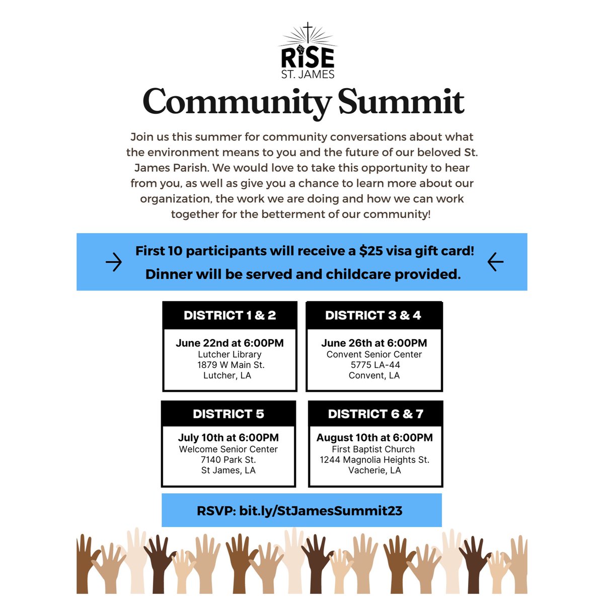 risestjames's tweet photo. "To love a community is to find ways to heal a community," Sharon C. Lavigne. 
Join us this summer at one of our community summits. 
❤️Lutcher, Thursday, June 22nd, 6pm 
❤️Convent, Monday, June 26th, 6pm 
❤️St. James, Monday, July 10th, 6pm 
❤️Vacherie, Thursday, August 10th, 6p https://t.co/X7B5CL1fTS