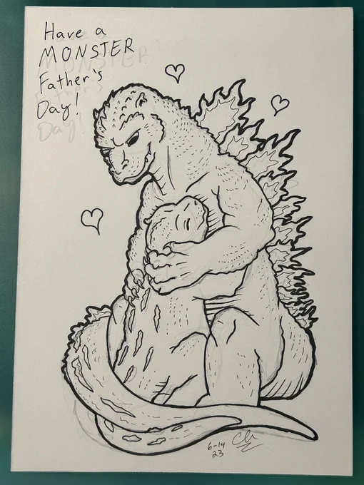 Just finished inking my dad's Father's Day drawing to go in his card. I did a kaiju theme for both parents this year, as an added bonus here's the Mother's Day drawing from May. 🦖🦋