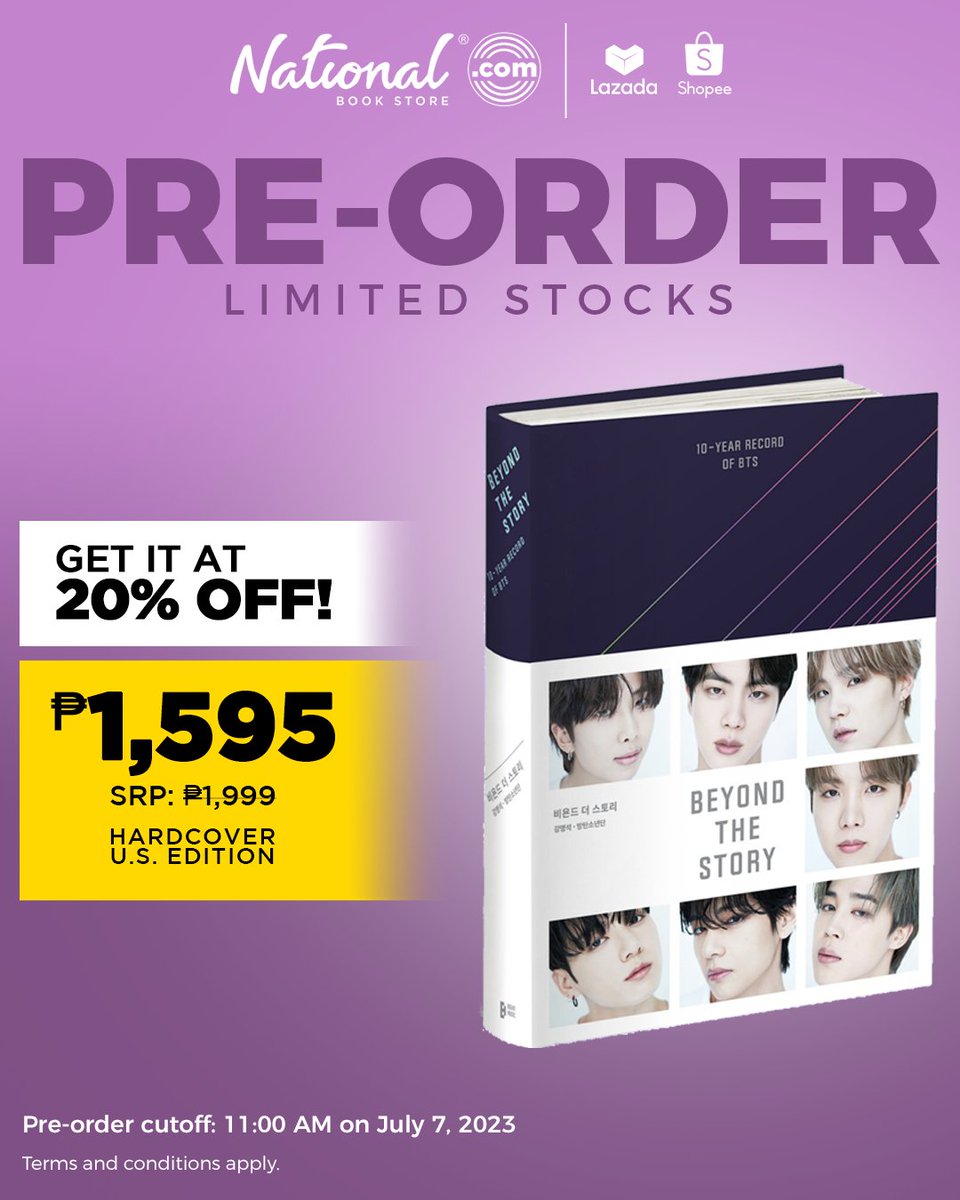 PRE-ORDER the hardcover U.S. Edition of 'Beyond the Story: 10-Year Record of BTS' at #NationalBookStore! 

🔗NBS Website - nationalbookstore.com/books/40017-up…
🔗Lazada - lazada.com.ph/products/i3898…
🔗Shopee - shopee.ph/product/754501…

#BangtanBoys #BTS #BeyondTheStory