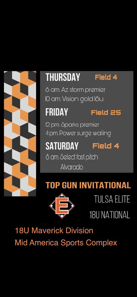 So blessed to be playing in the Top Gun Invitational this week. 
Come check us tomorrow. Lots of talent in one location. 

#FinishEmpty #ForHisGlory 

@TopPreps @TulsaEliteSB @LegacyLegendsS1 @UncommittedUsa @ExtraInningSB