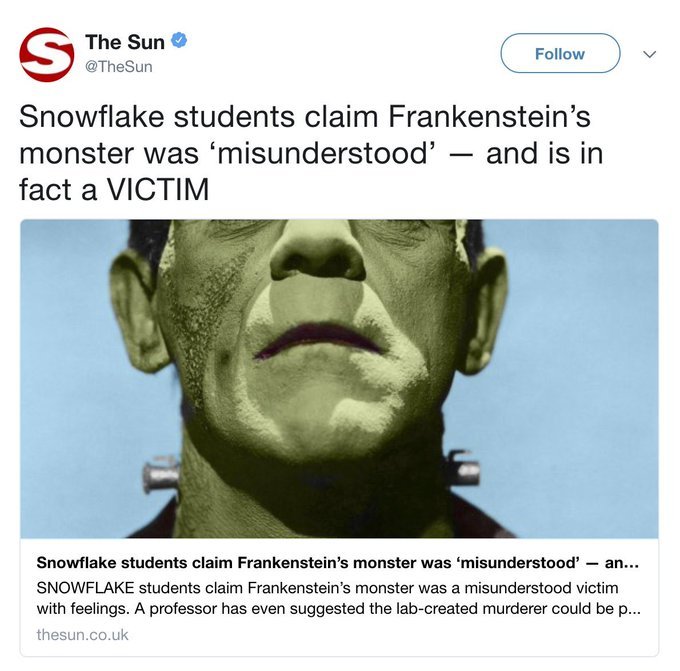 Snowflake students claim Frankenstein's monster was 'misunderstood' - and is in fact a VICTIM