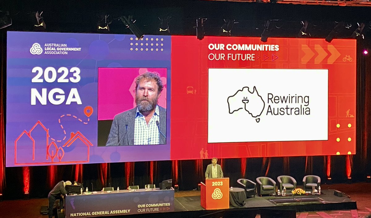 brenthoare's tweet photo. Saul Griffiths @GriffithSaul providing the outstanding keynote address of #nga23 #nga2023 outlining the imperative to #electrifyeverthing and why fast and early emissions reductions are vital to stay below 1.5 degrees #climatechange 
#localgovernment #ALGA https://t.co/QDy1R8JcS4