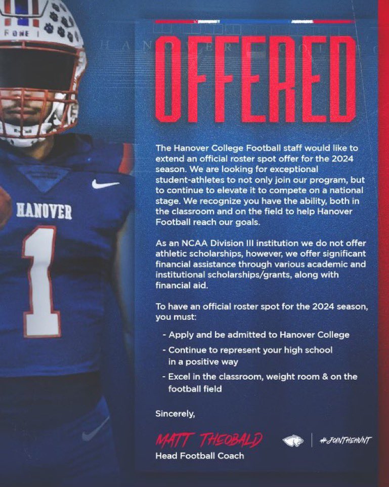 Blessed and grateful to receive a offer from Hanover College 🔴🔵 #HuntForGreatness @DLCoach_Danford @HanoverFTBL @sims_coach @GPrep_FB @larryblustein