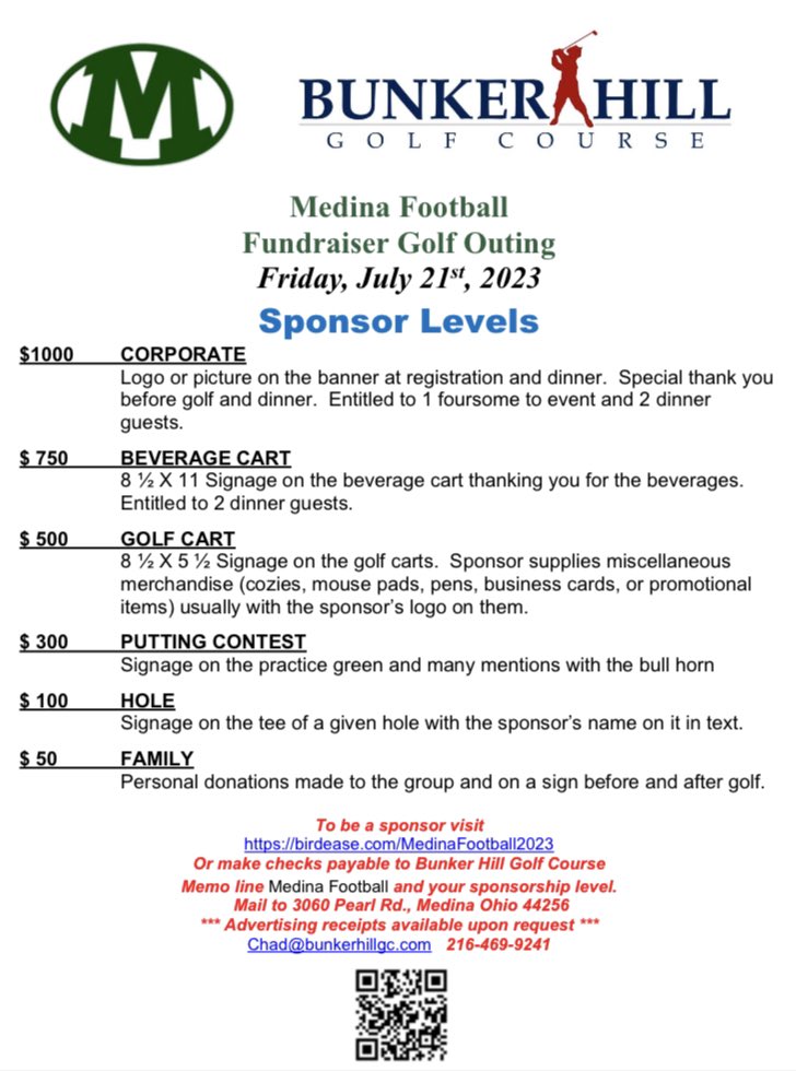 Tee ‘em high and let ‘em fly!! Come support <a href="/MedinaFootball_/">Medina Football</a> golf outing!! Bunker Hill July 21st!! #BeeFAST Looking for all sorts of sponsors!!