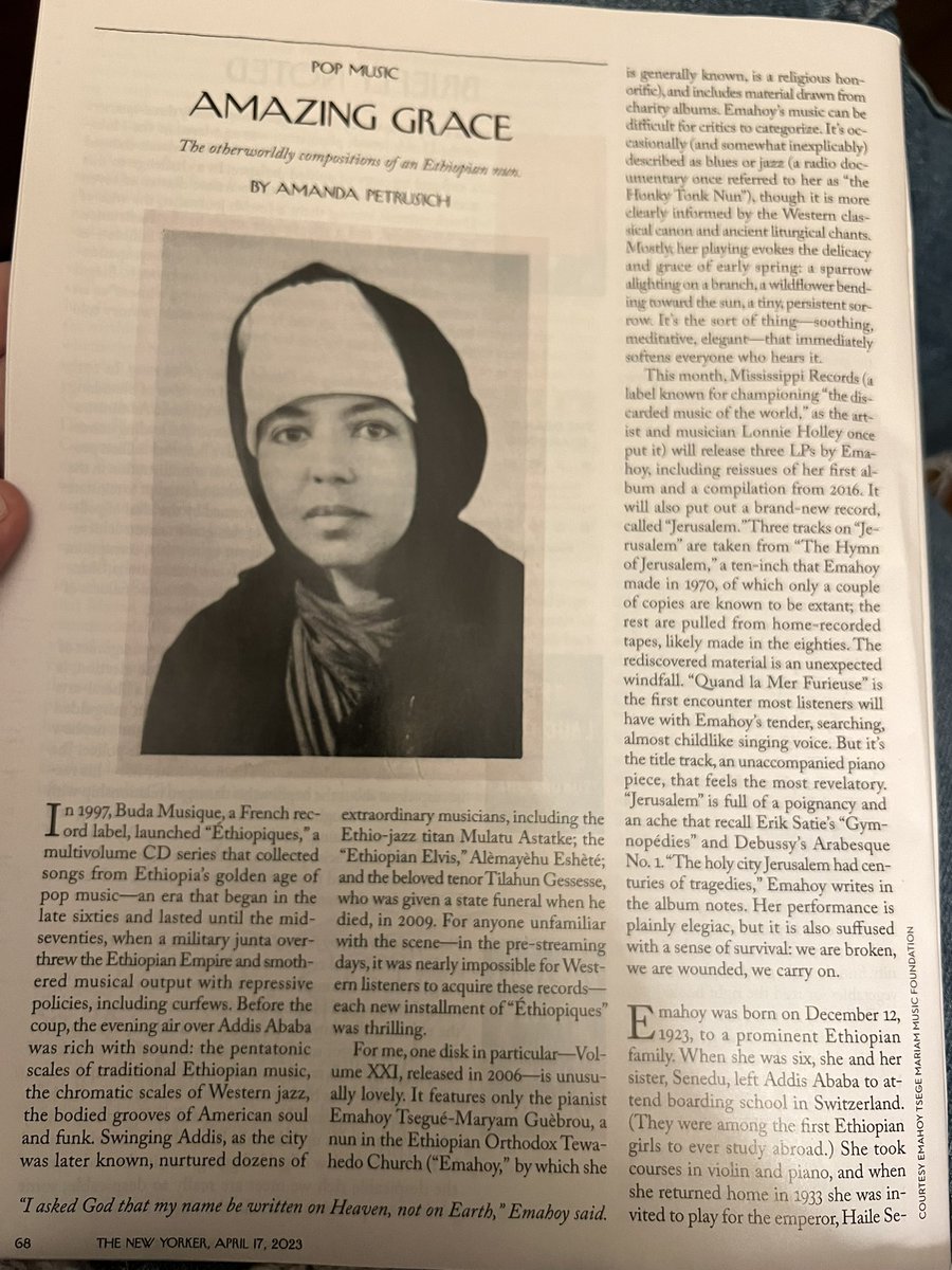 RobersonEmily's tweet photo. Even if I know nothing about the musician, I will always read @amandapetrusich - and I’m always glad. I can’t wait to go listen to Emahoy. @NewYorker #magazinestack https://t.co/FIlZKcjm2c