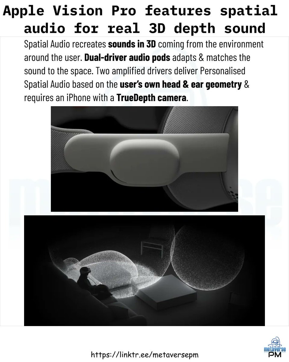 Apple Vision Pro features spatial audio for real 3D depth sound

#metaverse #ar #vr #xr #augmentedreality #virtualreality #mixedreality #extendedreality #smartglasses #hololens #arcore #arkit #artoolkit #apple #visionpro #applevr #wwdc #wwdc23 #wwdc2023 #applevisionpro #visionos