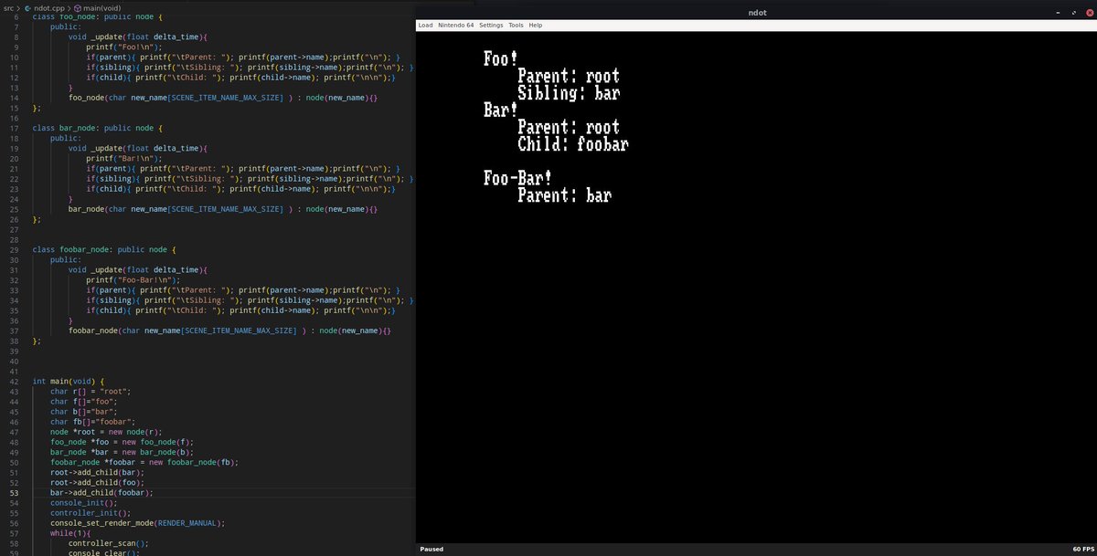 8bitProdigy's tweet photo. First step in developing my #N64 game engine. Not much, just a simple scene tree. 
#N64Brew #homebrew #gamedev #NINTENDO64 #libdragon https://t.co/3YqsyhdNEw
