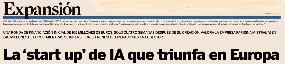 davmiranda's tweet photo. El boom de la IA llega hasta tales extremos que la startup francesa Mistral AI, levanta, a las 4 semanas de haberse constituido, €105M de inversores como Lightspeed, Epic Games o Eric Schmidt y alcanza una valoración postmoney de €240M https://t.co/omnZmrUvPs