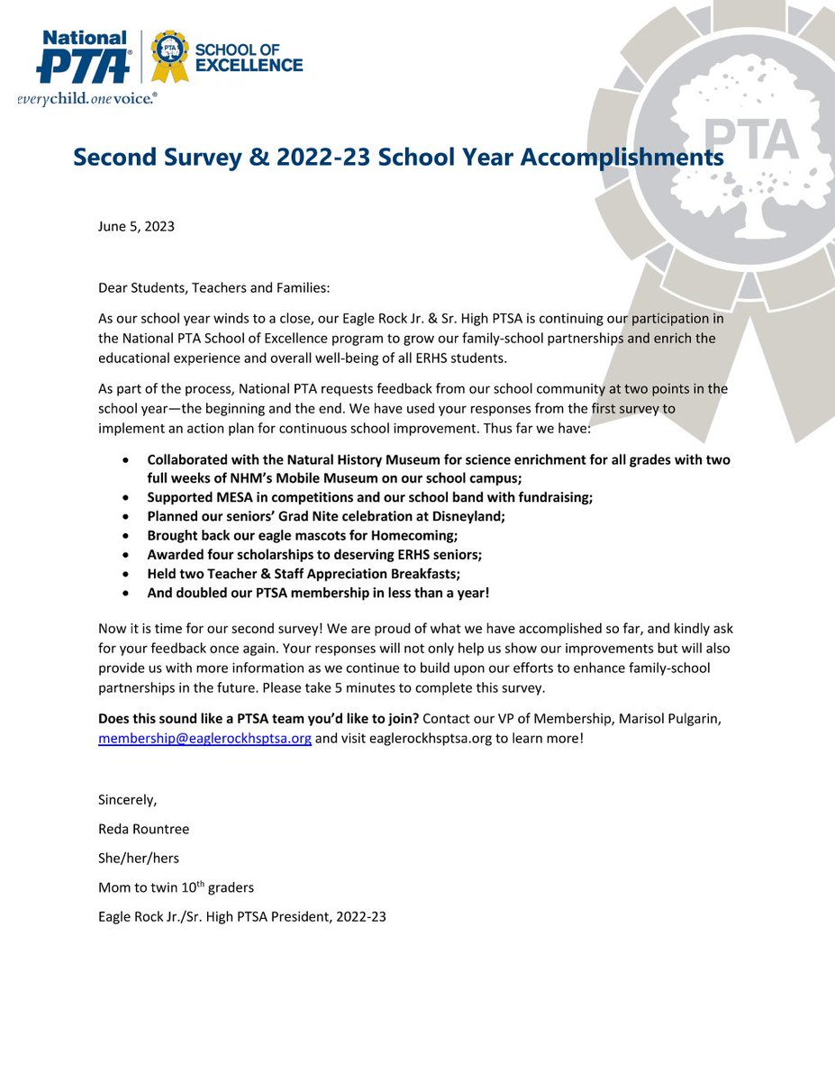 Thanks again for your continued support!
Please take a few minutes to provide feedback via our Final Survey for the National PTA School of Excellence accessible at the link below.

eaglerockhsptsa.org/2023/06/14/nat…

#TenthDistrictPTSA #HighlandsCouncil #NELASchoolsRock #PTA4Kids #PTAProud