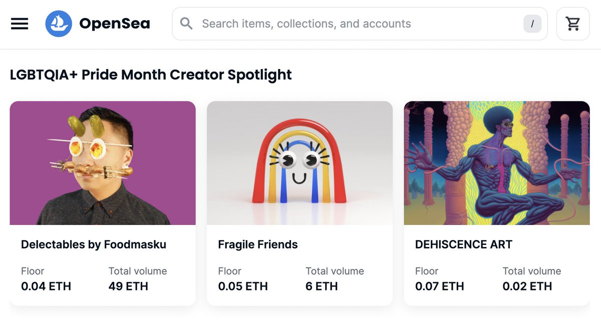Thank you <a href="/opensea/">OpenSea</a> for featuring Fragile Friends in the Pride Creator Spotlight! And being alongside my friend <a href="/foodmasku/">foodmasku</a> makes it even sweeter! ☺️🌈❤️