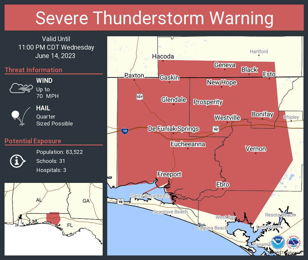 Severe Thunderstorm Warning including De Funiak Springs FL, Geneva AL and  Bonifay FL until 11:00 PM CDT. This storm will contain wind gusts to 70 MPH!